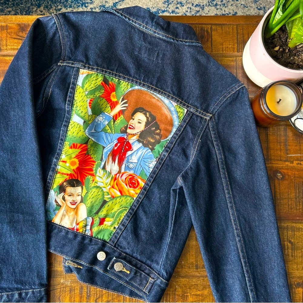 Blue Jean Jacket with Custom Western Cowgirl Back Panel